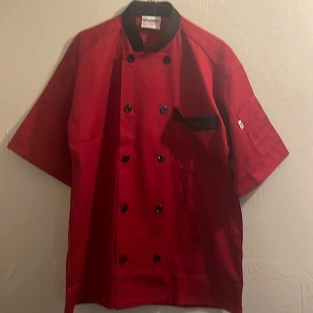 Uncommon Thread Bristol Chef Career Short Sl Coat #0423‎ Red & Black New Sz MD